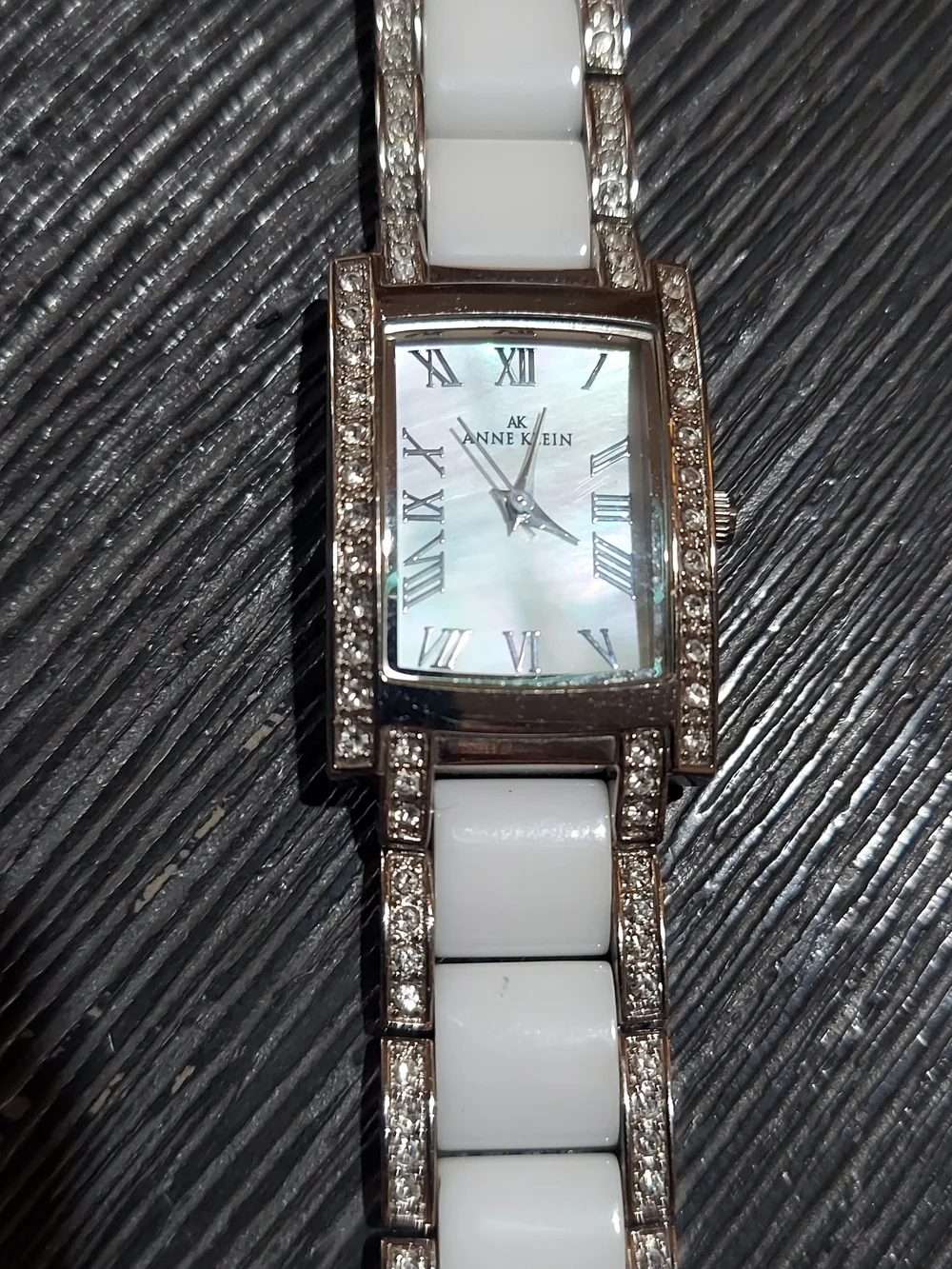 Anne Klein White Ceramic & Crystal Accent Rectangular Watch